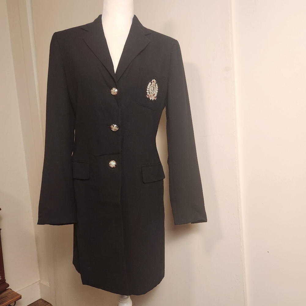 Vintage 90s Lauren Ralph Lauren Black Wool Blazer Coat Jacket Crest Size 4 EUC